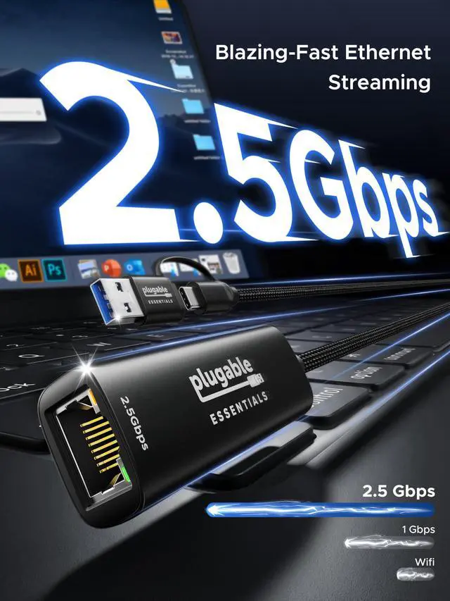 Alt view image 2 of 7 - 2.5Gbps USB C to Ethernet Adapter, 2-in-1 USB-A & USB-C Ethernet Adapter for laptop |Aluminum, Braided, 2.5Gbps High Speed| Compatible for Thunderbolt 4/3, MacBook Air/Pro, iPad, Windows, XPS
