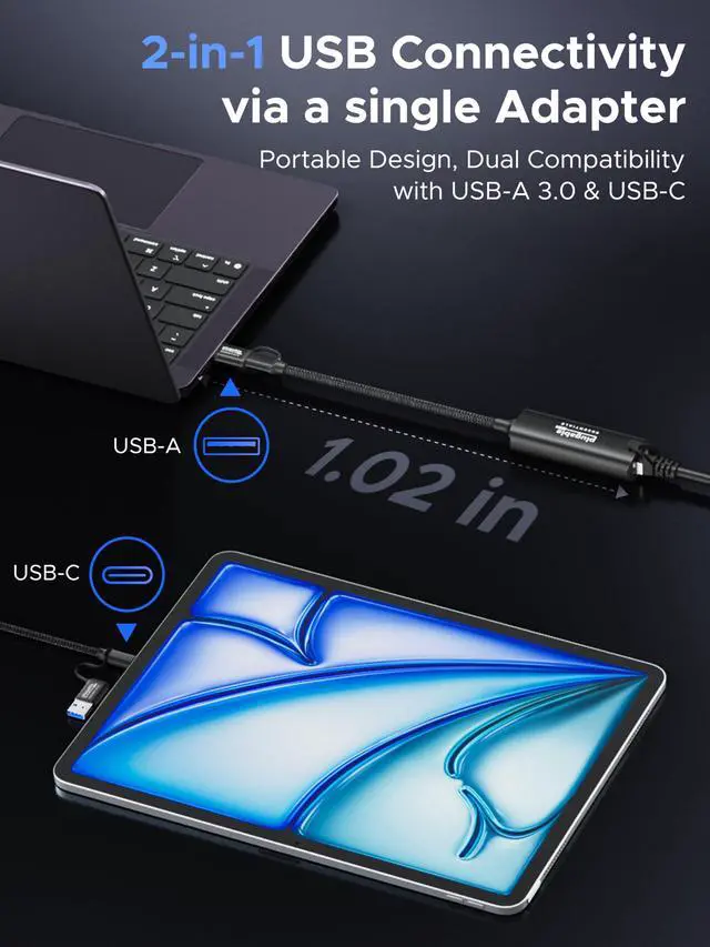 Alt view image 4 of 7 - 2.5Gbps USB C to Ethernet Adapter, 2-in-1 USB-A & USB-C Ethernet Adapter for laptop |Aluminum, Braided, 2.5Gbps High Speed| Compatible for Thunderbolt 4/3, MacBook Air/Pro, iPad, Windows, XPS