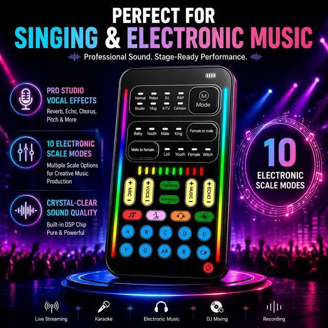 Alt view image 7 of 7 - I9 Portable Voice Changer with Sound Card, Real-Time Sound Effect Board for Gaming & Streaming, 16 Effects, with Mini Mic, Monitor Headphones & 2 Adapters, Plug & Play for PS5/Xbox/PC/Phone/TikTok