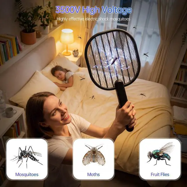 Alt view image 5 of 7 - Electric Fly Swatter Bug Zapper Racket: 3500V Mosquito Killer with USB Rechargeable Flies Killer Pest Control Mosquito Zapper and Insect Catcher Racket for Indoor Home Backyard Patio Outdoor Camping