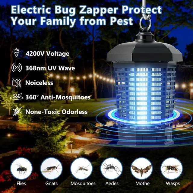 Alt view image 5 of 6 - Bug Zapper Backyard Patio Garden Outdoor & Indoor, High Powered Mosquito Zapper, Waterproof Metal Housing Insect Catcher