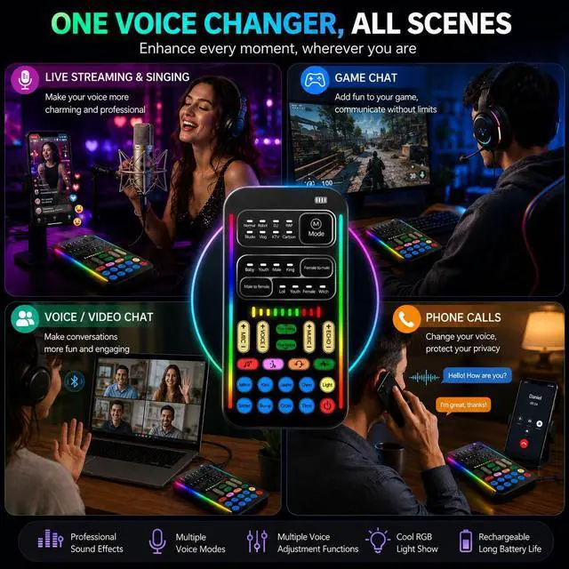 Alt view image 4 of 7 - I9 Portable Voice Changer with Sound Card, Real-Time Sound Effect Board for Gaming & Streaming, 16 Effects, with Mini Mic, Monitor Headphones & 2 Adapters, Plug & Play for PS5/Xbox/PC/Phone/TikTok