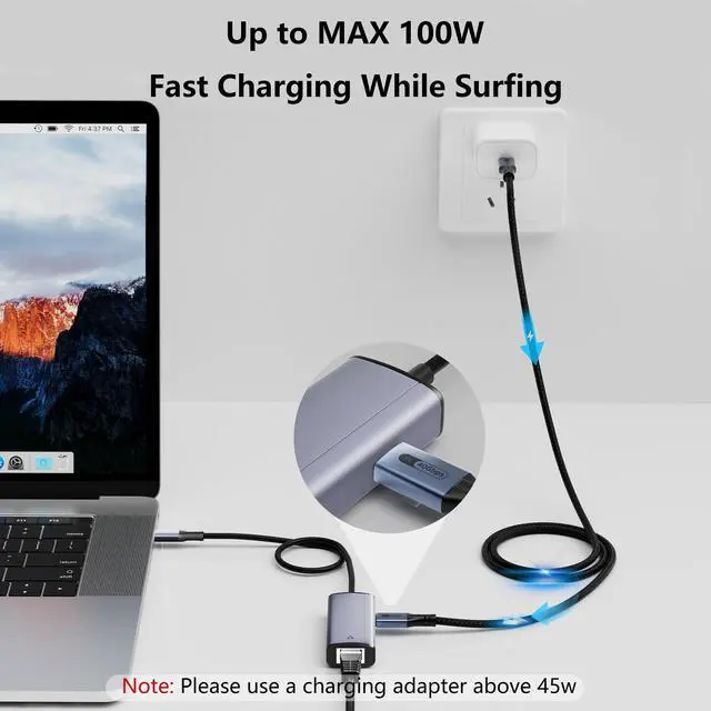 Alt view image 5 of 7 - 2 in 1 USB-C to Ethernet Gigabit Adapter with 100W Charging Port, USB C to RJ45 Ethernet LAN Network Adapter Compatible with iPhone 15 Pro/Max, MacBook Pro/Air 2023, iMac