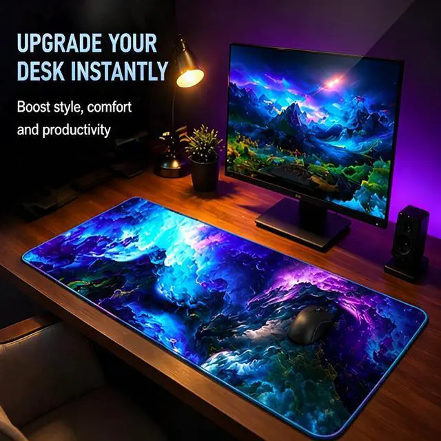 Alt view image 4 of 7 - Extended Gaming Mouse Pad 31.5x11.8 Inch, Large Desk Mat with Non-Slip Rubber Base, Smooth Surface, Stitched Edges, Colorful Abstract Design for Gaming & Office SetupAbstract Nebula