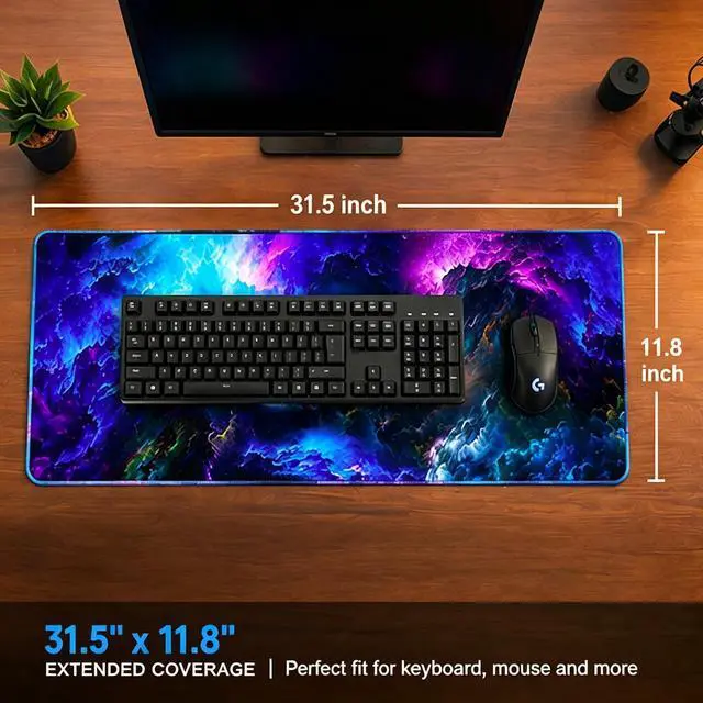 Alt view image 3 of 7 - Extended Gaming Mouse Pad 31.5x11.8 Inch, Large Desk Mat with Non-Slip Rubber Base, Smooth Surface, Stitched Edges, Colorful Abstract Design for Gaming & Office SetupAbstract Nebula
