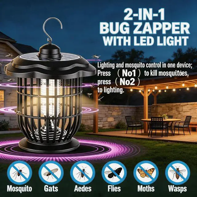 Alt view image 2 of 7 - Solar Bug Zapper Outdoor Lights, Garden Rechargeable Waterproof 2-in-1 Mosquito Killer Lamp and Portable Fly Zapper, Attracts Gnats, Mosquitoes, Flies for Indoor and Outdoor Use