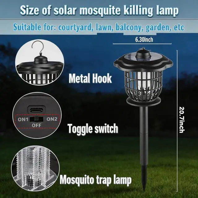Alt view image 6 of 7 - Solar Bug Zapper Outdoor Lights, Garden Rechargeable Waterproof 2-in-1 Mosquito Killer Lamp and Portable Fly Zapper, Attracts Gnats, Mosquitoes, Flies for Indoor and Outdoor Use