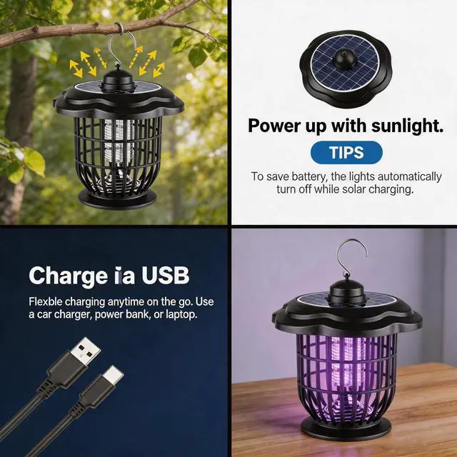 Alt view image 7 of 7 - Solar Bug Zapper Outdoor Lights, Garden Rechargeable Waterproof 2-in-1 Mosquito Killer Lamp and Portable Fly Zapper, Attracts Gnats, Mosquitoes, Flies for Indoor and Outdoor Use