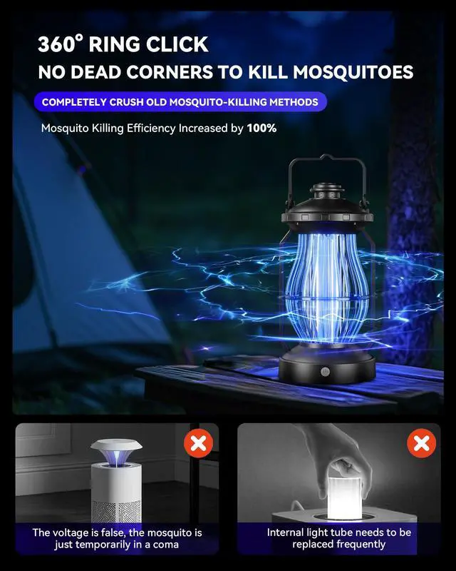 Alt view image 6 of 6 - Rechargeable Bug Zapper, Cordless Portable & Hanging Electric Mosquito & Fly Killer with Light for Indoor & Outdoor, Ideal for Backyard and Patio