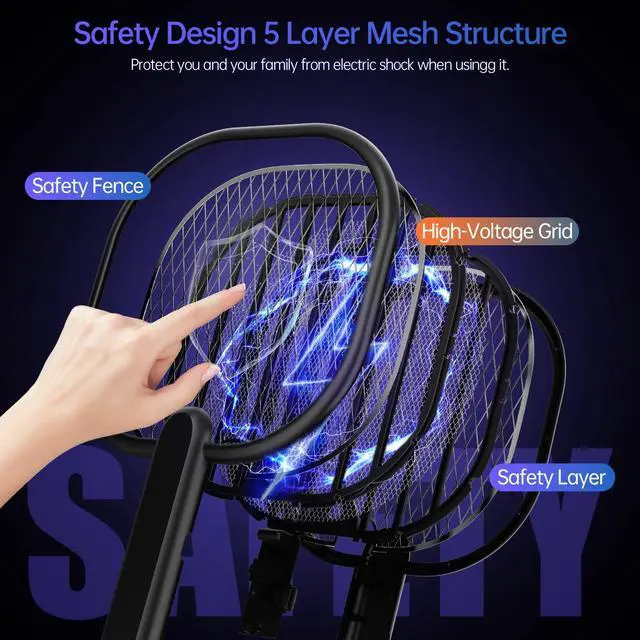 Alt view image 3 of 7 - Electric Fly Swatter Bug Zapper Racket: 3500V Mosquito Killer with USB Rechargeable Flies Killer Pest Control Mosquito Zapper and Insect Catcher Racket for Indoor Home Backyard Patio Outdoor Camping