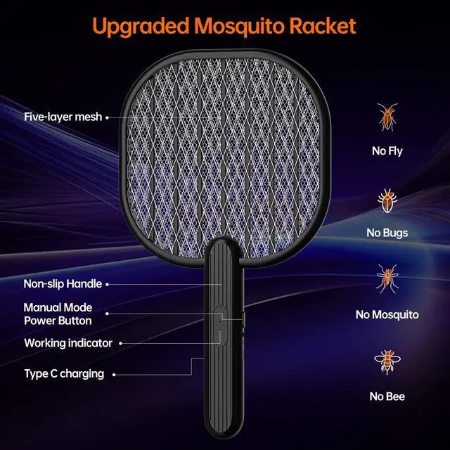 Alt view image 7 of 7 - Electric Fly Swatter Bug Zapper Racket: 3500V Mosquito Killer with USB Rechargeable Flies Killer Pest Control Mosquito Zapper and Insect Catcher Racket for Indoor Home Backyard Patio Outdoor Camping