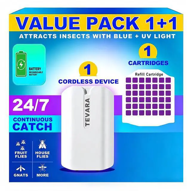 Main image of Cordless Flying Insect Trap Indoor, 4000mAh Rechargeable UV Light Bug Catcher for Moths Gnats Fruit Flies, 2-in-1 Night Light Mode Fly Trap for Home Kitchen Garage RV (1 Device & 1 Cartridge)