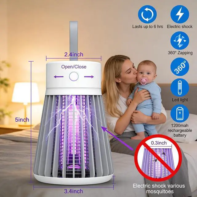 Alt view image 5 of 7 - Bug Zapper Indoor Outdoor Rechargeable Hanging Mosquito Zapper, Mosquito Killer Lamp - Portable UV Insect Trap for Indoor/Outdoor, USB-Powered with Grid for Camping, Bedroom, Patio, Kitchen