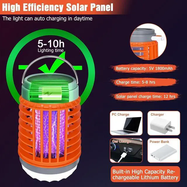 Alt view image 2 of 6 - 2 Pack Solar Bug Zapper Outdoor Waterproof Mosquito Zappers for Patio, 3 in 1 Cordless Rechargeable Mosquitoes Repellent Outdoor Patio Flashlight, Mosquito Killer Indoor - Orange