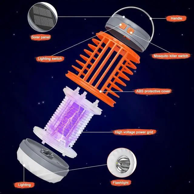Alt view image 3 of 6 - 2 Pack Solar Bug Zapper Outdoor Waterproof Mosquito Zappers for Patio, 3 in 1 Cordless Rechargeable Mosquitoes Repellent Outdoor Patio Flashlight, Mosquito Killer Indoor - Orange