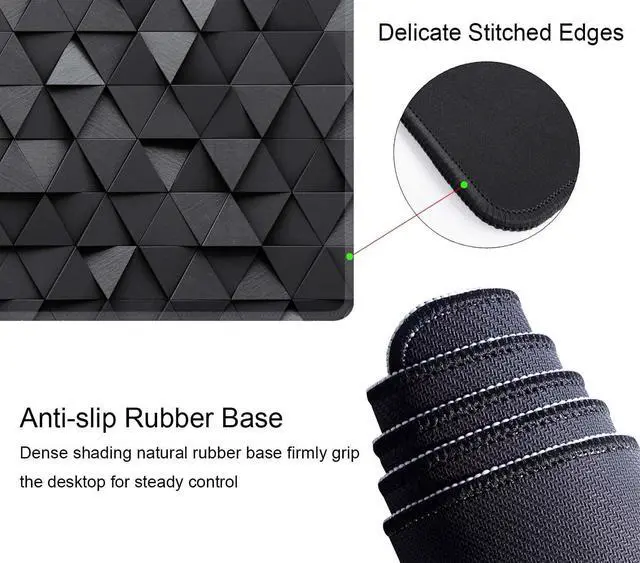 Alt view image 3 of 7 - Gaming Mouse Pad, Large Mouse Pads for Desk, Non-Slip Rubber Base Mousepad, Keyboard Mouse Mat, Desk Pad with Stitched Edges, 31.5x11.8inch, Black Grey Triangular Abstract