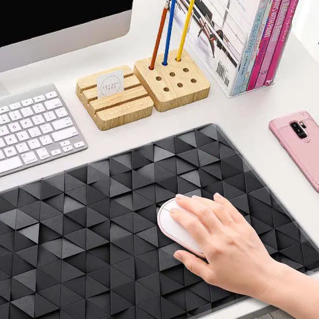 Alt view image 6 of 7 - Gaming Mouse Pad, Large Mouse Pads for Desk, Non-Slip Rubber Base Mousepad, Keyboard Mouse Mat, Desk Pad with Stitched Edges, 31.5x11.8inch, Black Grey Triangular Abstract