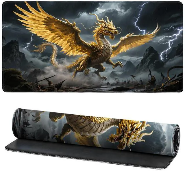 Main image of Gaming Mouse Pad, Large Non-Slip Mousepad, Keyboard Mouse Pads, Extended Waterproof Mousepads with Stitched Edges, 31.5x15.7inch, Chinese Anime Shanhaijing Mythical Beast (Black)