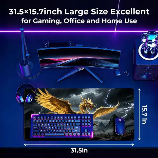 Alt view image 2 of 6 - Gaming Mouse Pad, Large Non-Slip Mousepad, Keyboard Mouse Pads, Extended Waterproof Mousepads with Stitched Edges, 31.5x15.7inch, Chinese Anime Shanhaijing Mythical Beast (Black)