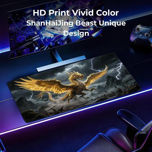 Alt view image 6 of 6 - Gaming Mouse Pad, Large Non-Slip Mousepad, Keyboard Mouse Pads, Extended Waterproof Mousepads with Stitched Edges, 31.5x15.7inch, Chinese Anime Shanhaijing Mythical Beast (Black)