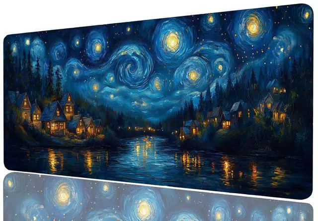 Main image of Starry Night Gaming Mouse Pad, Stars River Swirls Houses Magical Gaming Mouse Mat with Stitched Edges,Non-Slip Waterproof Rubber Base Mous Mat, Office Computer Keyboard Laptop Home, 31.5x11.8