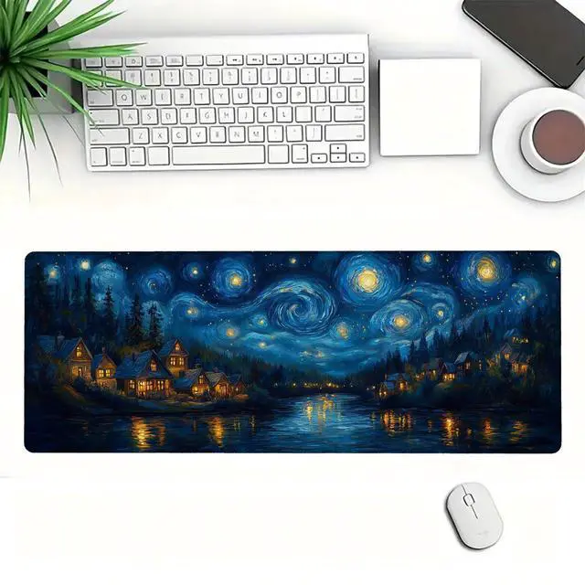 Alt view image 2 of 7 - Starry Night Gaming Mouse Pad, Stars River Swirls Houses Magical Gaming Mouse Mat with Stitched Edges,Non-Slip Waterproof Rubber Base Mous Mat, Office Computer Keyboard Laptop Home, 31.5x11.8