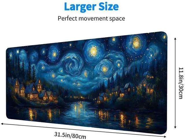Alt view image 3 of 7 - Starry Night Gaming Mouse Pad, Stars River Swirls Houses Magical Gaming Mouse Mat with Stitched Edges,Non-Slip Waterproof Rubber Base Mous Mat, Office Computer Keyboard Laptop Home, 31.5x11.8