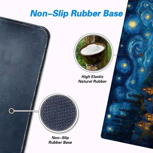 Alt view image 5 of 7 - Starry Night Gaming Mouse Pad, Stars River Swirls Houses Magical Gaming Mouse Mat with Stitched Edges,Non-Slip Waterproof Rubber Base Mous Mat, Office Computer Keyboard Laptop Home, 31.5x11.8