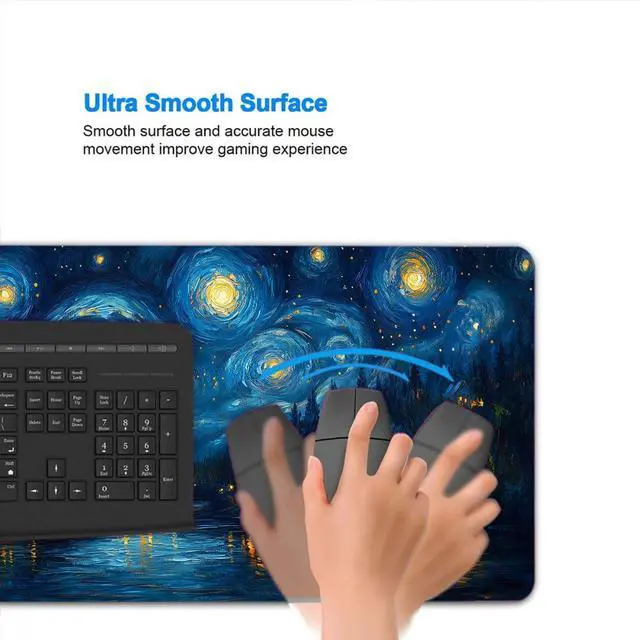 Alt view image 4 of 7 - Starry Night Gaming Mouse Pad, Stars River Swirls Houses Magical Gaming Mouse Mat with Stitched Edges,Non-Slip Waterproof Rubber Base Mous Mat, Office Computer Keyboard Laptop Home, 31.5x11.8