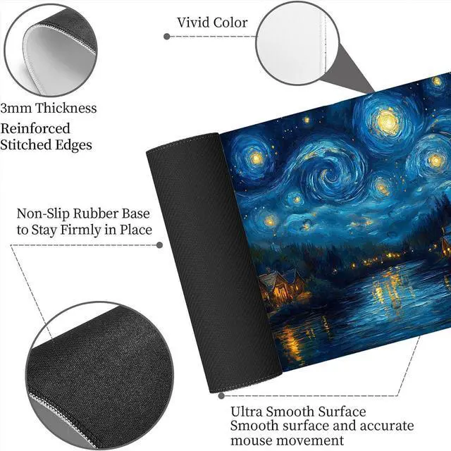 Alt view image 6 of 7 - Starry Night Gaming Mouse Pad, Stars River Swirls Houses Magical Gaming Mouse Mat with Stitched Edges,Non-Slip Waterproof Rubber Base Mous Mat, Office Computer Keyboard Laptop Home, 31.5x11.8