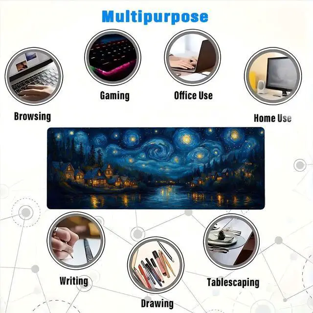 Alt view image 7 of 7 - Starry Night Gaming Mouse Pad, Stars River Swirls Houses Magical Gaming Mouse Mat with Stitched Edges,Non-Slip Waterproof Rubber Base Mous Mat, Office Computer Keyboard Laptop Home, 31.5x11.8