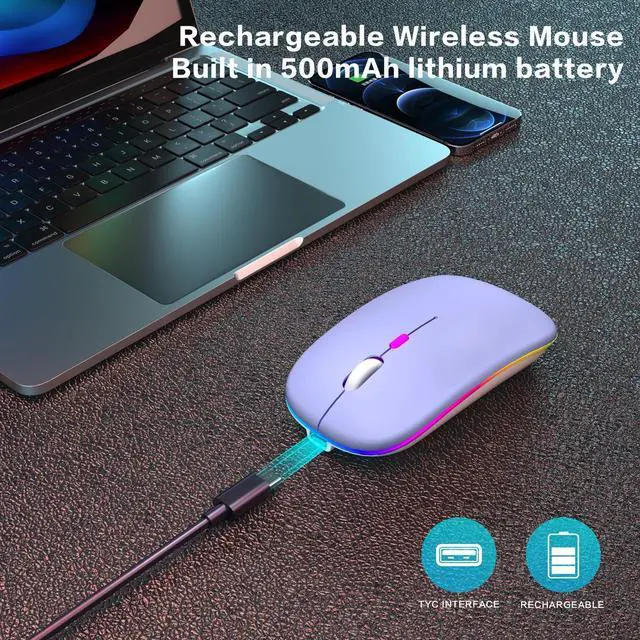 Alt view image 3 of 7 - Wireless Bluetooth Mouse, Rechargeable, Dual Mode Bluetooth 5.2 & 2.4G USB, LED Lights, Slim, Silent, Portable Computer Mouse for Laptop, PC, MacBook, iPad, Tablet (Purple)
