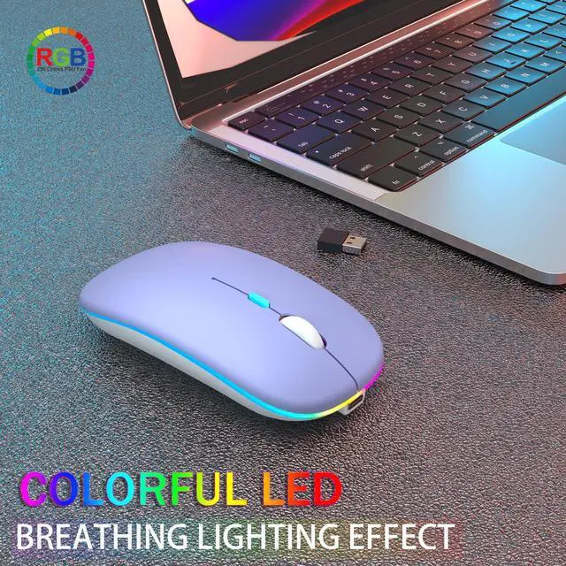 Alt view image 2 of 7 - Wireless Bluetooth Mouse, Rechargeable, Dual Mode Bluetooth 5.2 & 2.4G USB, LED Lights, Slim, Silent, Portable Computer Mouse for Laptop, PC, MacBook, iPad, Tablet (Purple)