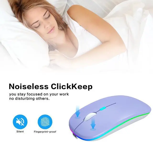 Alt view image 6 of 7 - Wireless Bluetooth Mouse, Rechargeable, Dual Mode Bluetooth 5.2 & 2.4G USB, LED Lights, Slim, Silent, Portable Computer Mouse for Laptop, PC, MacBook, iPad, Tablet (Purple)