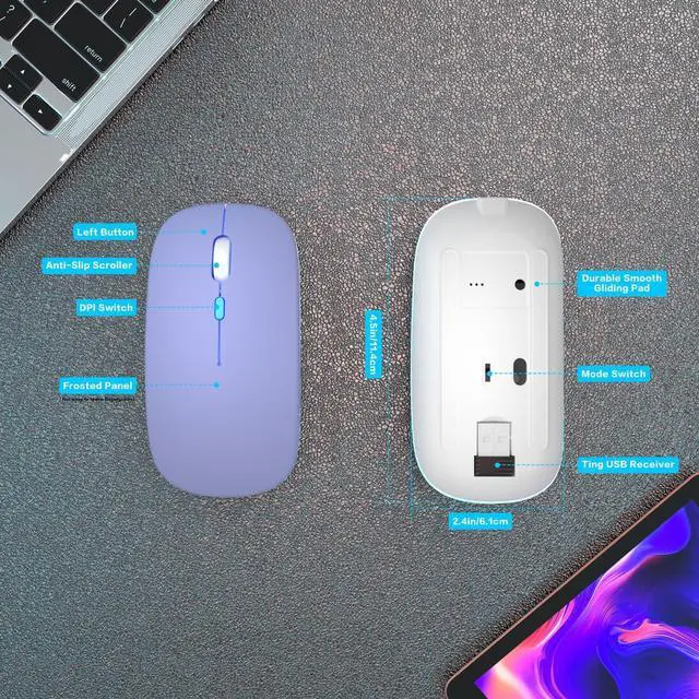Alt view image 5 of 7 - Wireless Bluetooth Mouse, Rechargeable, Dual Mode Bluetooth 5.2 & 2.4G USB, LED Lights, Slim, Silent, Portable Computer Mouse for Laptop, PC, MacBook, iPad, Tablet (Purple)