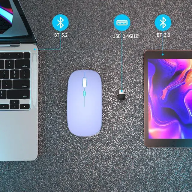 Alt view image 4 of 7 - Wireless Bluetooth Mouse, Rechargeable, Dual Mode Bluetooth 5.2 & 2.4G USB, LED Lights, Slim, Silent, Portable Computer Mouse for Laptop, PC, MacBook, iPad, Tablet (Purple)