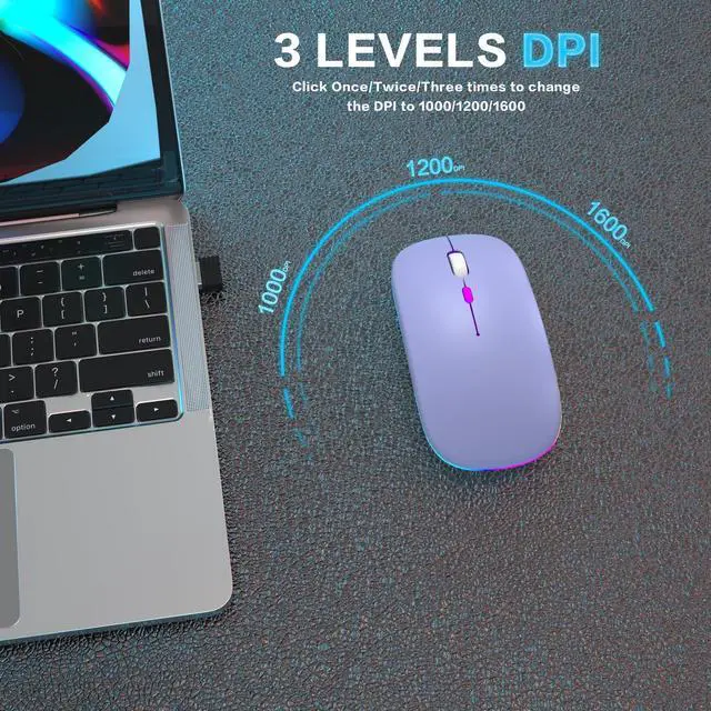 Alt view image 7 of 7 - Wireless Bluetooth Mouse, Rechargeable, Dual Mode Bluetooth 5.2 & 2.4G USB, LED Lights, Slim, Silent, Portable Computer Mouse for Laptop, PC, MacBook, iPad, Tablet (Purple)