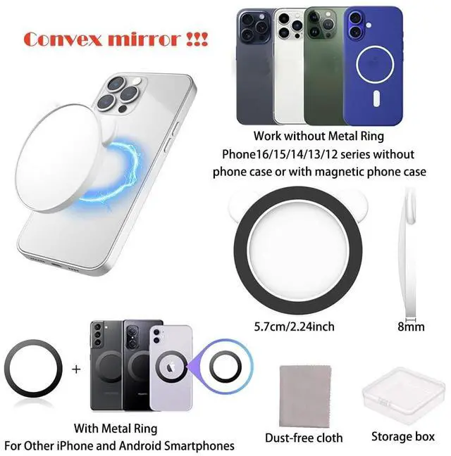 Alt view image 2 of 7 - 2 Sets Magnetic Selfie Mirror for Back Camera, Compatible with Magsafe Case & All Phones, Convex Cell Phone Mirror for Selfie & Vlogging & Streaming, See How You Look in The Back Camera