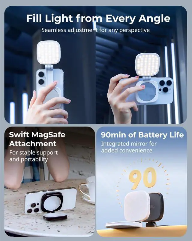 Alt view image 2 of 7 - Magnetic Selfie Light for iPhone, Phone Light with a Mirror, Instant Attachment for MagSafe, for Selfies, Video Conference, Vibe P48 Black