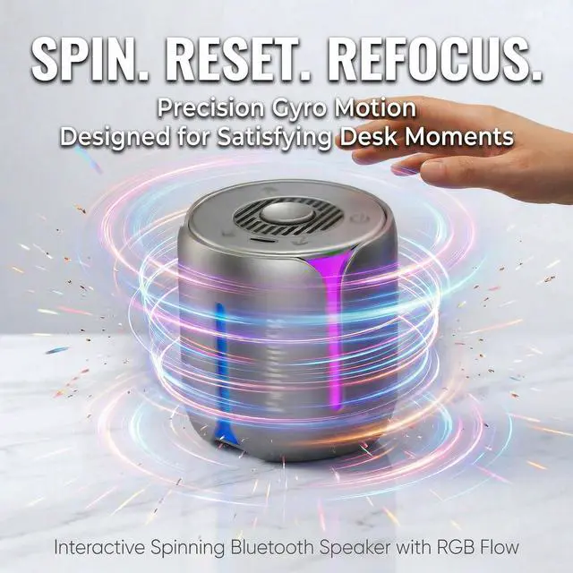 Alt view image 3 of 7 - Interactive Spinning Bluetooth Speaker with RGB Light Metal Fingertip Gyro Desk Gadget, Portable LED Night Light Speaker, USB-C Rechargeable Mini Wireless Speaker for Phone, Gaming Room & Office