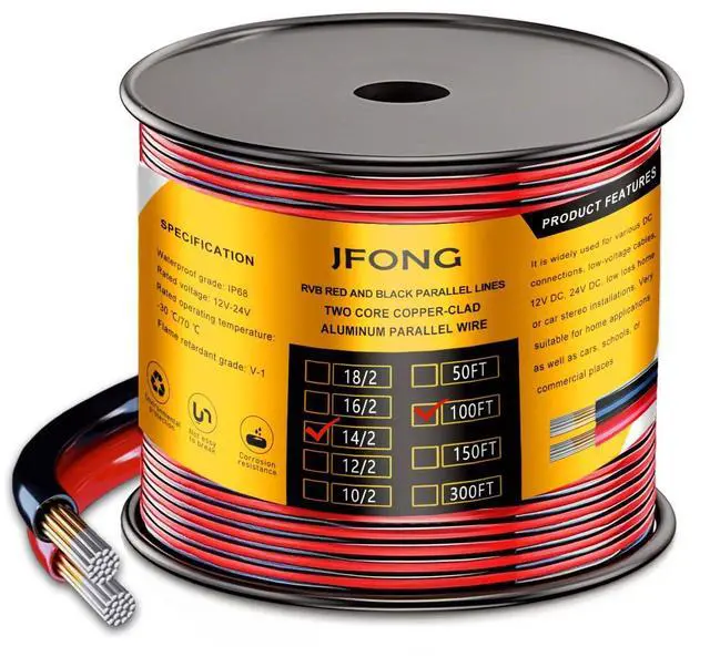 Main image of 14 Gauge Wire,100FT 14/2 Red Black Electrical Wire Hookup Extension Cord 12/24V 2 Cable 14AWG for LED Ribbon Lamp Strip Tape Lights