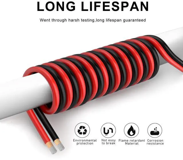 Alt view image 6 of 7 - 14 Gauge Wire,100FT 14/2 Red Black Electrical Wire Hookup Extension Cord 12/24V 2 Cable 14AWG for LED Ribbon Lamp Strip Tape Lights