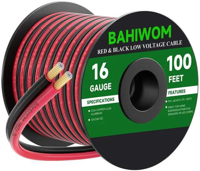 Main image of 16 Gauge Wire 100FT 12V/24V DC Low Voltage Electrical Wire 2 Conductors Cable Flexible PVC Jacket Copper Clad Aluminum Extension Cord for Speaker, LED Strips, Automotive,Business