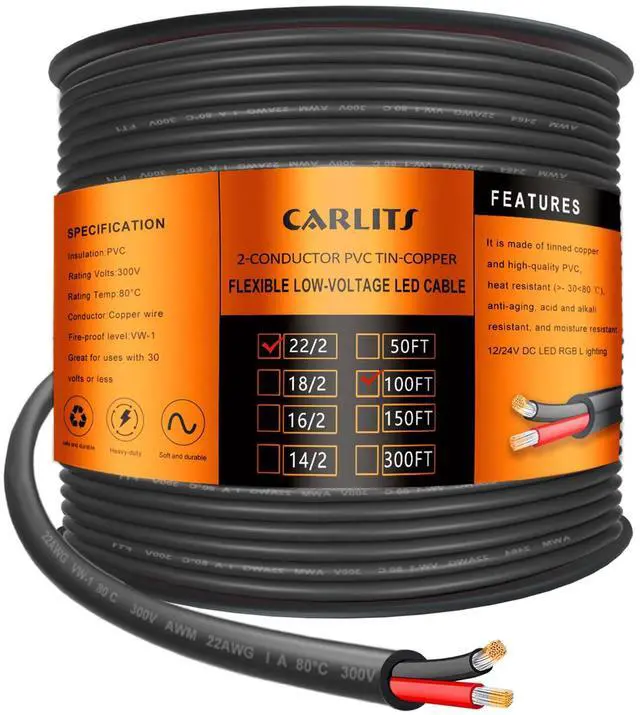 Main image of 22 Gauge 2 Conductor Electrical Wire, 100FT Black Stranded Low Voltage 22/2 Cable PVC Case, Flexible Extension Power Cord for LED Lamp, Automotive, Boat, Electronic