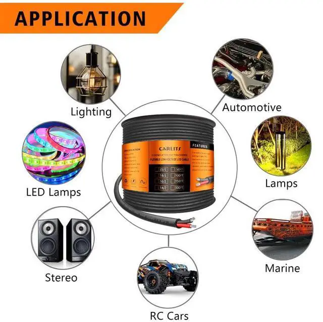 Alt view image 4 of 6 - 22 Gauge 2 Conductor Electrical Wire, 100FT Black Stranded Low Voltage 22/2 Cable PVC Case, Flexible Extension Power Cord for LED Lamp, Automotive, Boat, Electronic