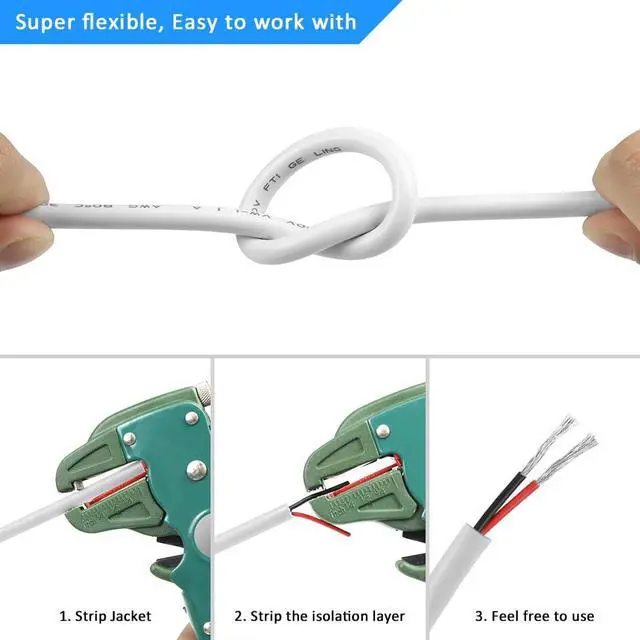 Alt view image 5 of 7 - 22 Gauge 2 Conductor Electrical Wire, 32.8FT White Stranded Low Voltage 22/2 Cable PVC Case, 22 AWG Tinned Copper 2 Wire Cable Extension Power Cord for Strips LED Lamp Lighting Automotive