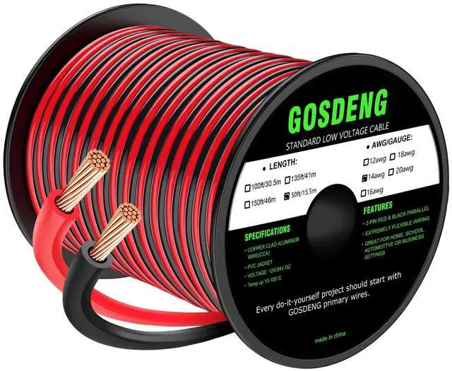 Main image of 14 Gauge Wire, 50FT, 2 Conductor Red & Black PVC Cable, 14AWG Copper Clad Aluminum Extension Cord for Speaker, LED, Car Wire, Automotive 12V/24V DC
