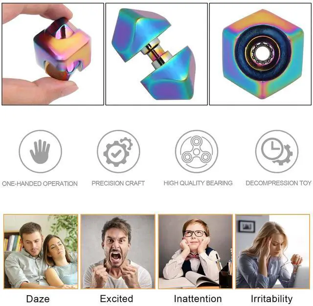 Alt view image 3 of 6 - Fidget Cube Spinner Anti-Anxiety Focusing Fidget Toys EDC Fidgets Spinner 4-in-1 Toy Metallic Focus Toy Cube Finger Top Desktop ADHD Stress Relieve Toys for Kids and Adults (Rainblow)
