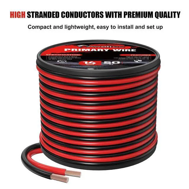 Alt view image 7 of 7 - 14 Gauge Wire, 14AWG 50FT Automotive Electrical Wire, 2 Conductor Red Black Primary Cable, Copper Clad Aluminum Wire for LED Light Strips, Car Audio, Speakers,12V/24V DC