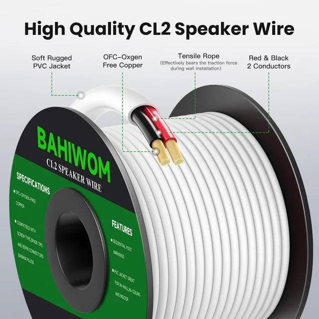 Alt view image 2 of 7 - White 14 Gauge Speaker Wire 250FT CL2 Rated OFC Speaker Cable | Soft PVC Jacket Red & Black 2 Conductors Polarity Mark for Marine,Indoor,In-Wall,In-Ceiling & Home Theater